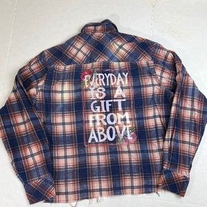 Upcycled Flannel Adult Large plaid Everyday Is A Gift From Above Reworked Blue